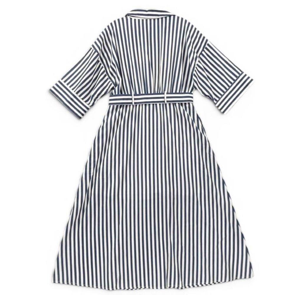 Entro Blue White Stripe Belted Midi Shirt Dress M Coastal Chic Pockets - Picture 3 of 16